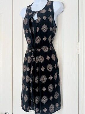 Collective Concepts Black Midi Dress with Brown Medallion Print and Front Cutout